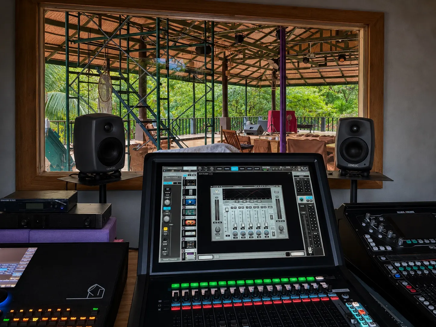 Two studio monitors flank a digital mixing console in the Control Room, with a window onto the open-air venue and the trees beyond.